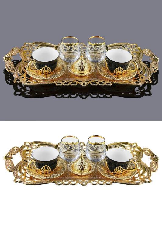 Otantik Siyah İki Kişilik Tam Takım Kahve Seti Tepsili Ahu İkili Sunum Kahve Fincan Takımı Gold Renk