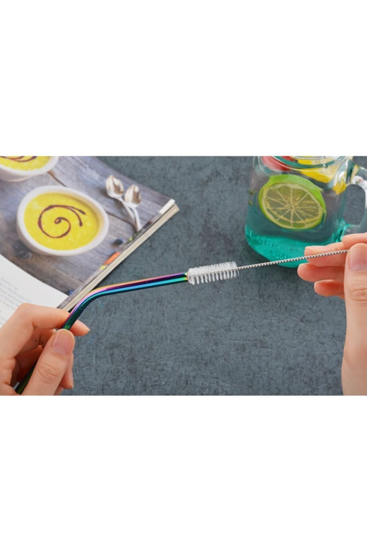 Paslanmaz Rengarenk 2’li Çelik Pipet Ve Temizleme Fırçası