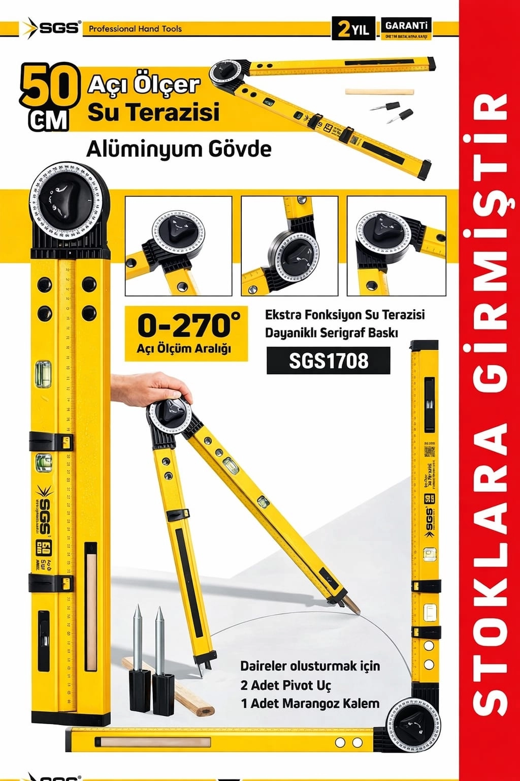 SGS 50 cm Açı Ölçer Su Terazisi Alüminyum Gövde Çok Fonksiyonlu Pergel SGS1708