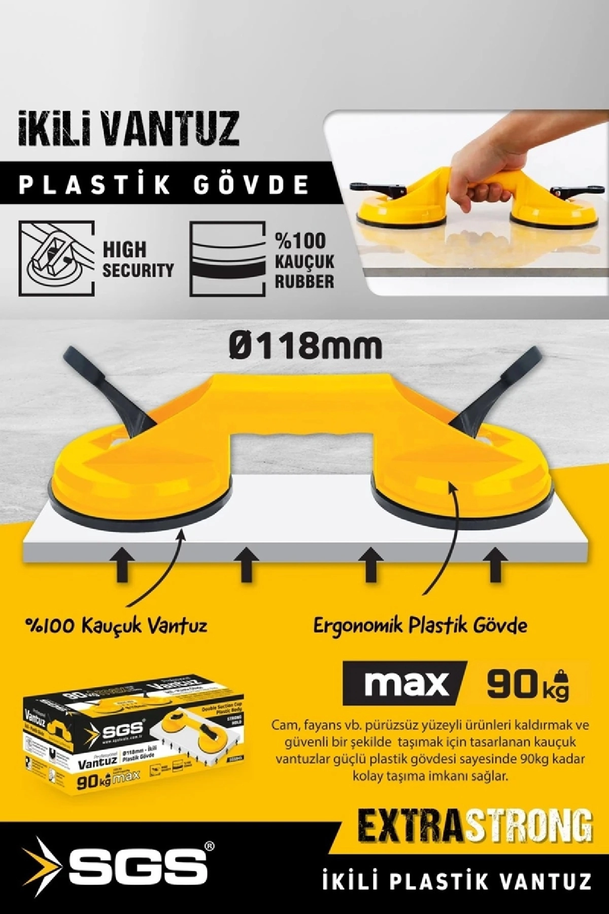 SGS 945 Çiftli Plastik Vantuz 90kg Cam ve Karo Taşıyıcı