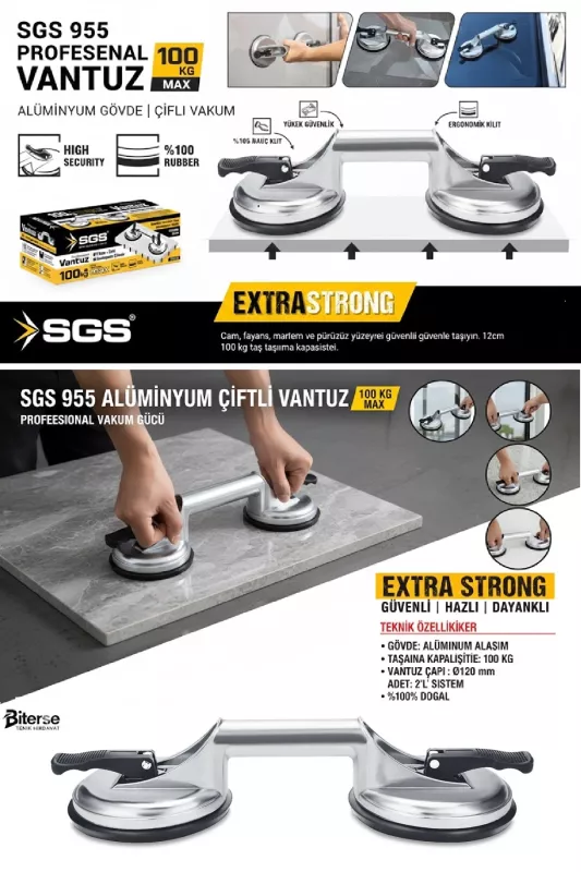 SGS 955 Alüminyum Çiftli Vantuz 100kg Cam ve Karo Taşıyıcı