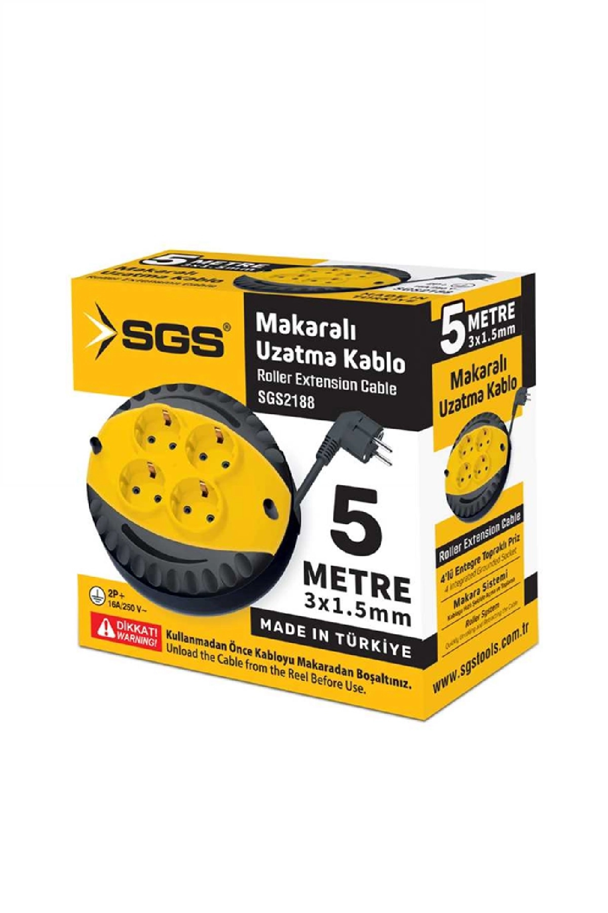 SGS2188 Mini Uzatma Kablo 5 Metre Makaralı 4 Prizli Topraklamalı Grup Priz