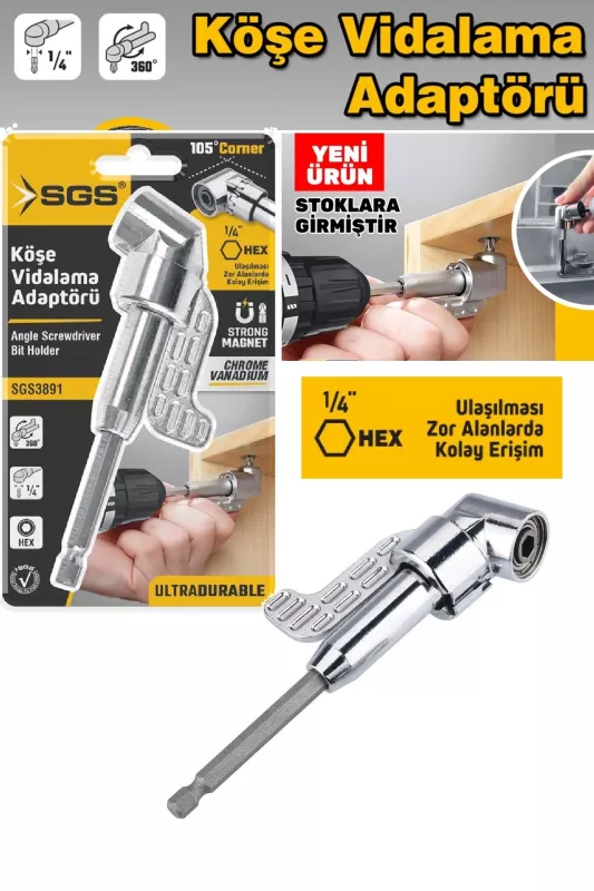 SGS3892 105 Derece Uzun Köşe Vidalama Adaptörü 1/4 HEX Manyetik 360 Döner