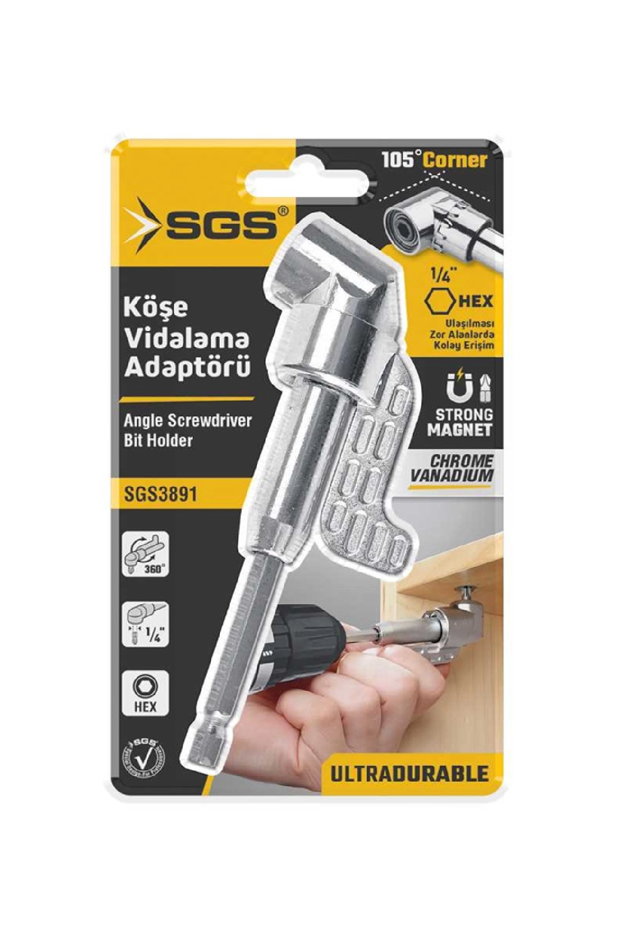 SGS3892 105 Derece Uzun Köşe Vidalama Adaptörü 1/4 HEX Manyetik 360 Döner