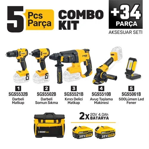 COMBO SET 5 PARÇA (Darbeli Matkap/Kırıcı-Delici Matkap/Avuç Taslama Makinesi/Darbeli Somun Sıkma/Led Fener)