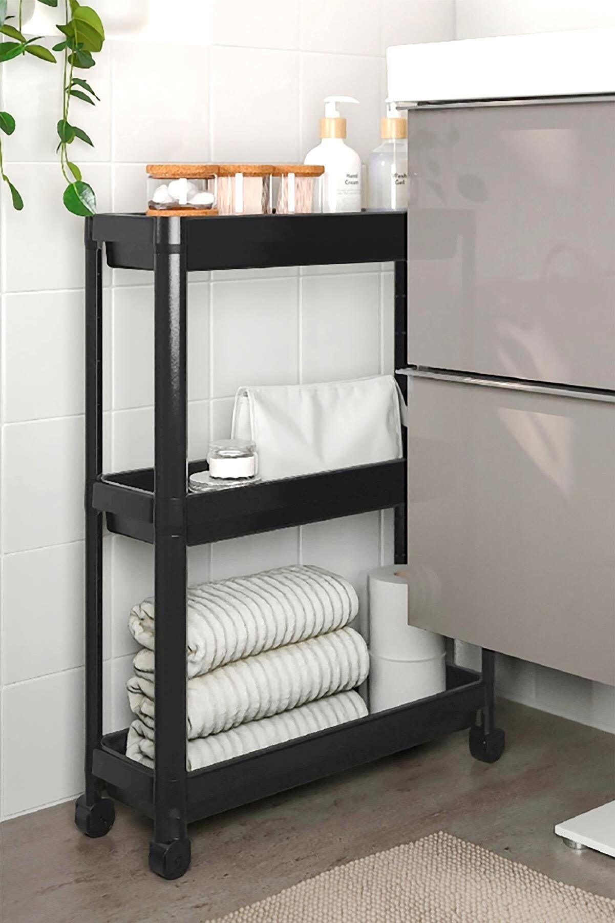 Biterse 3 Katlı Tekerlekli Çok Amaçlı Dolap Kenarı Düzenleyici Raf Siyah