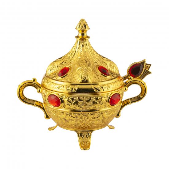 Biterse Lüks Taşlı Kaşıklı Şekerlik Gold Renk