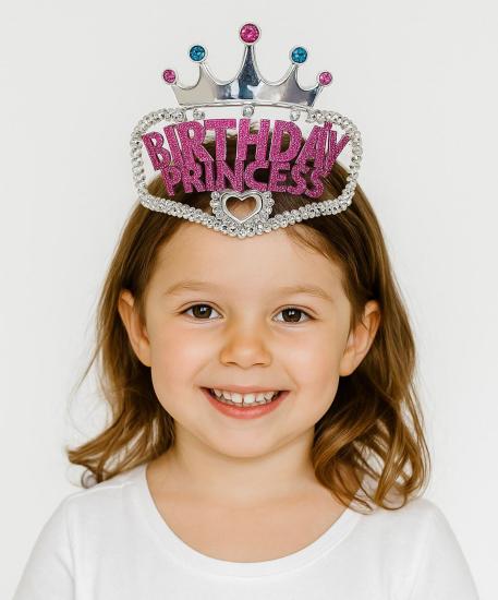 Gümüş Renk Pembe Birthday Princess Yazılı Çocuk Parti Tacı 11x12 cm