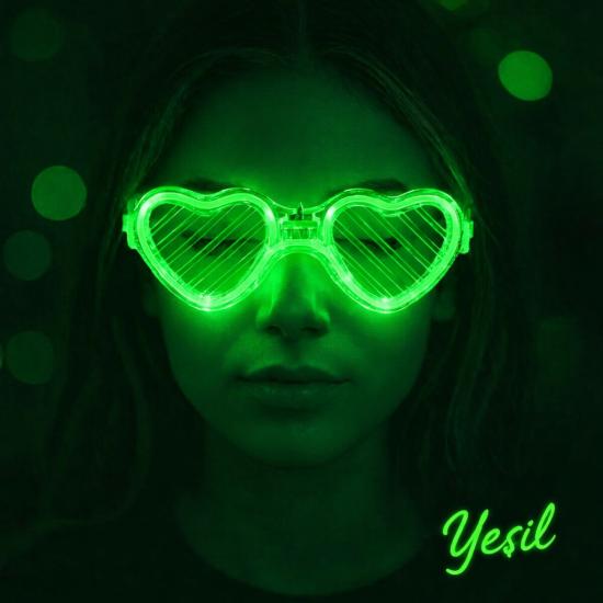 Yeşil LED Işıklı Kalp Gözlük – 3 Modlu