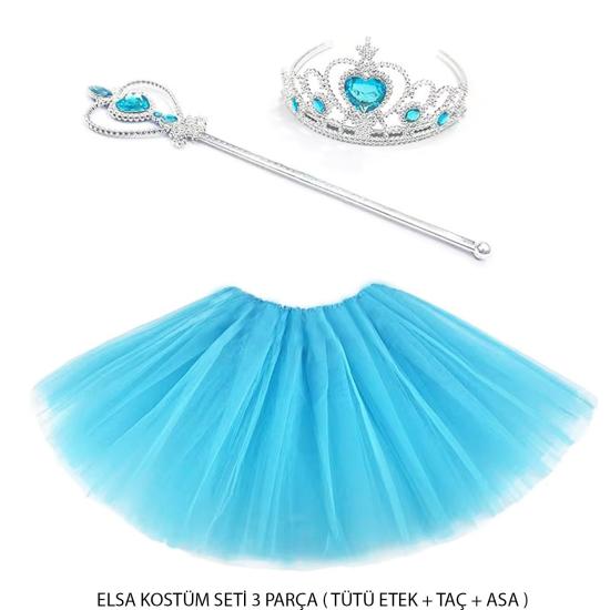 Mavi Prenses Elsa Kostüm Seti 3 Parça - Tütü Etek Taç Asa