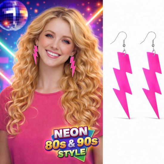 80’ler 90’lar Retro Neon Pembe Şimşek Küpe 10 cm