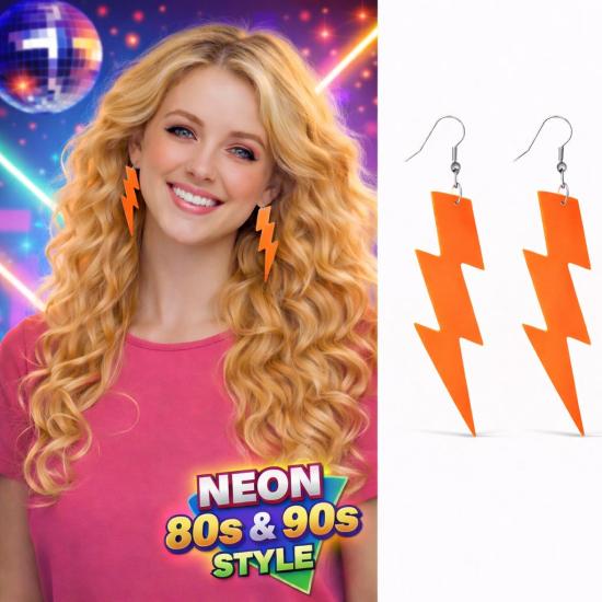 80’ler 90’lar Retro Neon Turuncu Şimşek Küpe 10 cm
