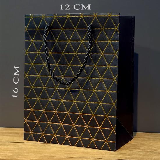 Siyah Geometrik Desenli Mini Boy Karton Hediye Çantası