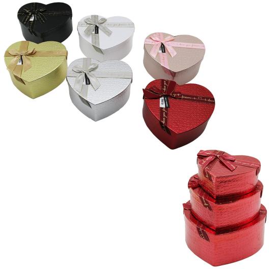 3’lü Kalp Tasarımlı Karton Hediye Kutusu Seti - Parlak Renk - Kurdele Detaylı