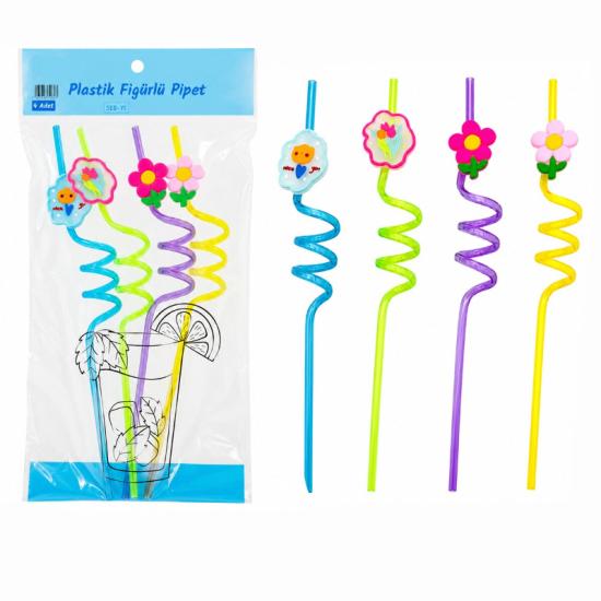 Kıvrımlı Renkli Plastik Pipet - Figürlü Tasarım - 4’lü Paket