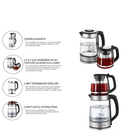 Sinbo 2’si 1 Arada Çaycı - Kettle - 2.0L + 1.2L Kapasite - Cam Gövde