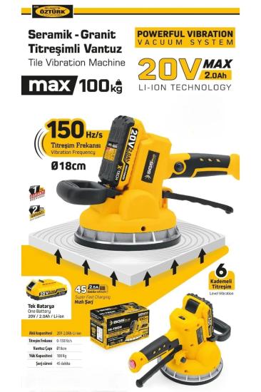 20 Volt 2 Amper Akülü Titreşimli Vantuz Şarjlı Seramik Granit Mermer Vantuzlu Döşeme Makinesi