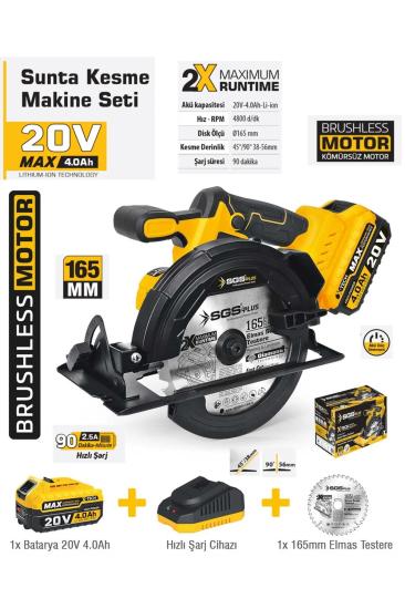 20V Akülü Şarjlı Mdf Ahşap Sunta Kesme Makinesi 165mm 4.0 Ah Hızlı Şarj Kömürsüz Motor
