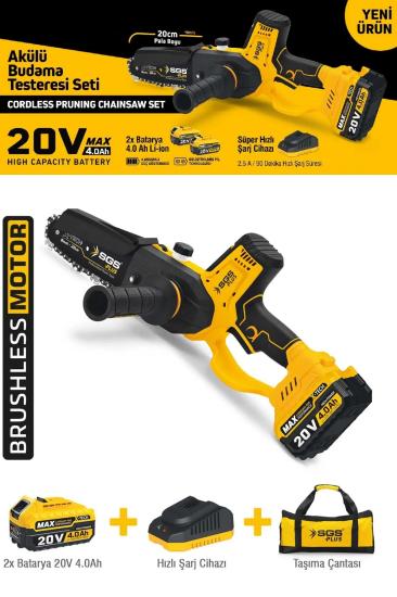 20V Çift Akülü Profesyonel Akülü Dal Budama Ağaç Kesme Makinası 20 Cm Pala 4.0 Ah Otomatik Yağlama