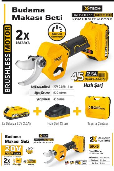 20V Profesyonel Çift Akülü Budama Makası Çantalı Şarjlı Budama Makası 2 Amper Dal Budama Makası