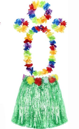 YETIŞKIN VE ÇOCUK UYUMLU LUAU ALOHA HAWAII YEŞIL ETEK VE RENKLI KOLYE TAÇ 2 ADET BILEKLIK SETI