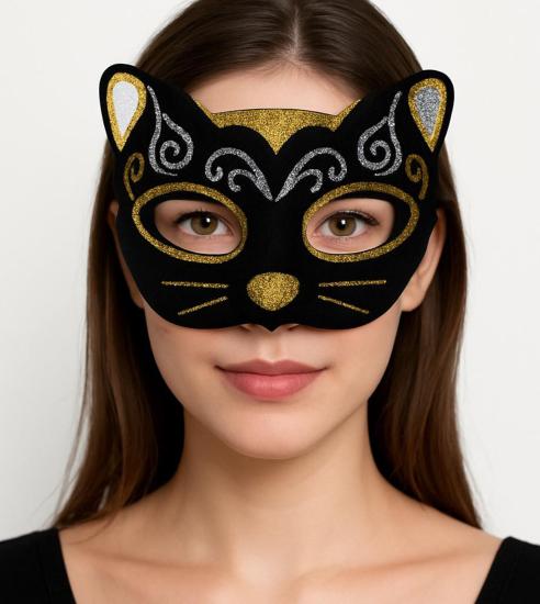 Kadife Dokulu Simli Kedi Maskesi Altın Gümüş Detaylı