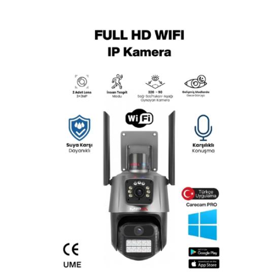 3 MP + 3 MP Çift Lens Wi-Fi TF Kart Girişli Güvenlik Kamerası