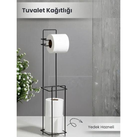 Siyah Standlı Yedek Hazneli Tuvalet Kağıtlığı