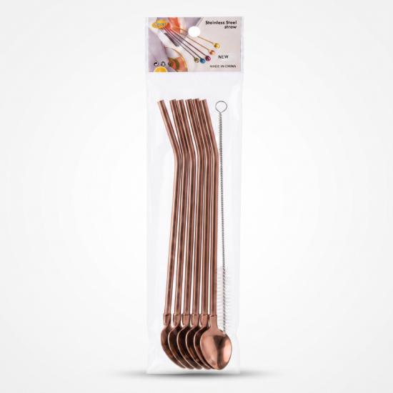 6’lı Kaşıklı Pipet Seti - Bronz - Pipet Temizleme Fırçası