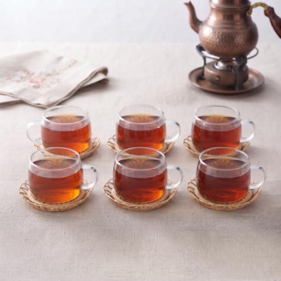 12 Parça El Yapımı Bambu Çay Seti - El Yapımı Bambu Bardak Altlığı - 6 Kişilik Fincan Takımı