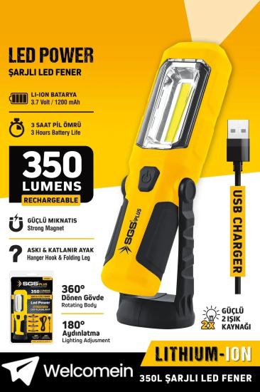 Usb Şarjlı Led Fener 350 Lümen 3.7V Askılı Fener