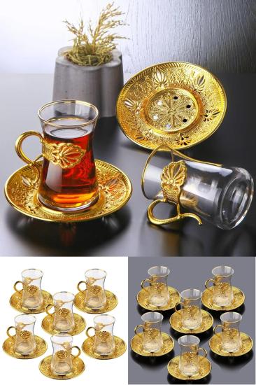 6 Kişilik Lüks 18 Parça Sefa Çay Seti Otantik Çay Bardağı Takımı Gold