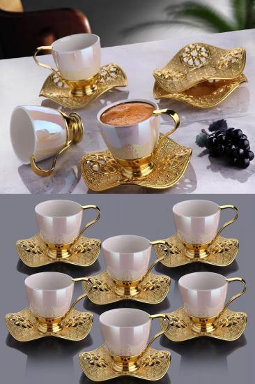 6 Kişilik Lüks Gold İnci Desenli Kahve Fincan Takımı Nisa Kahve Seti