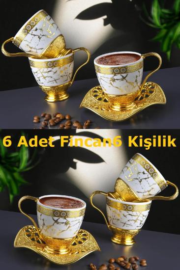 6 Kişilik Lüks Gold Mermer Desenli Kahve Fincan Takımı Nisa Kahve Seti