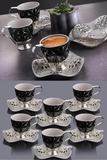 6 Kişilik Lüks Siyah Yıldız Desenli Gümüş Renk Kahve Fincan Takımı Nisa Kahve Seti