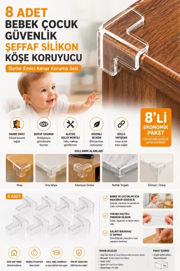 8’ li Bebek Çocuk Güvenlik Şeffaf Köşe Koruyucu 8’ li Bebek Çocuk Güvenlik Şeffaf Köşe Koruyucu
