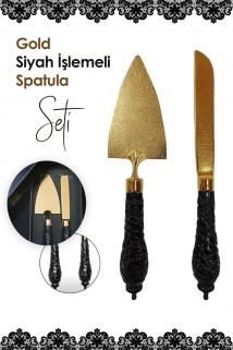 Biterse Lüks Spatula ve Bıçak Servis Sunum Seti Siyah Saplı Gold