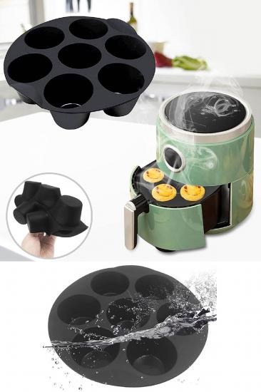 Airfryer Silikon Muffin Kek Kalıbı 7 Gözlü Hava Fritözü Kek Ve Çörek Pişirme Kalıbı Antrasit Gri
