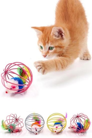 Metal Kafesli Pelüş Fareli Kedi Köpek Oyuncağı