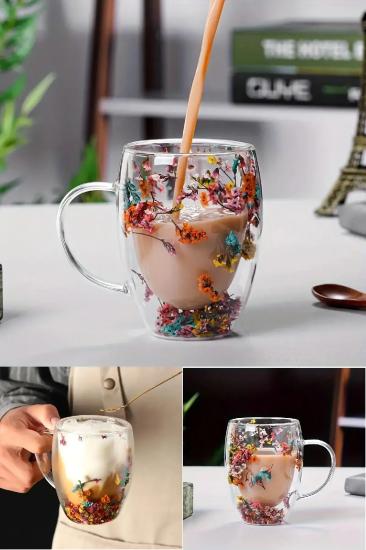 Çift Çidarlı Çiçekli Bardak Isıya Dayanıklı Borosilikat Kupa Flower Cup 250 Ml