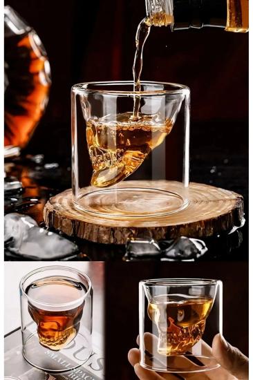 Çift Cidarlı Kuru Kafa Tasarımlı Viski Bardağı Çift Cidarlı Tasarım Bardak 