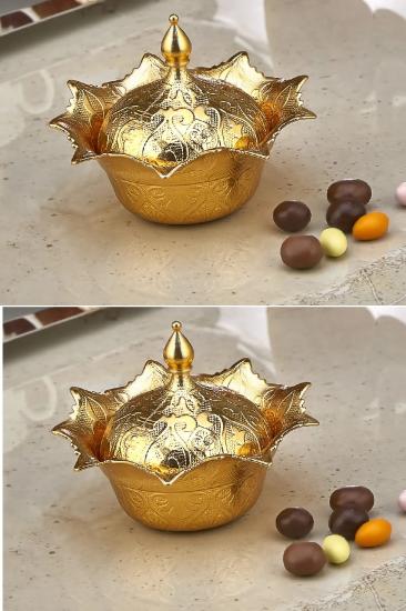Hediyelik Kapaklı Hurmalık Şekerlik Lokumluk Gül Tas Gold Renk