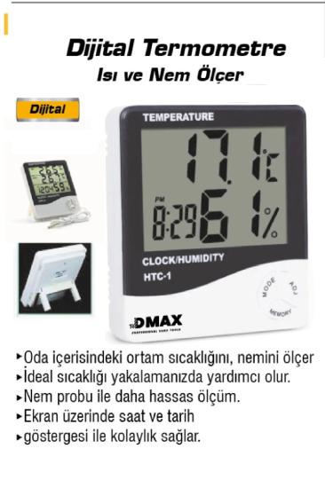 Isı ve Nem Ölçer Dijital Termometre Saat Tarih