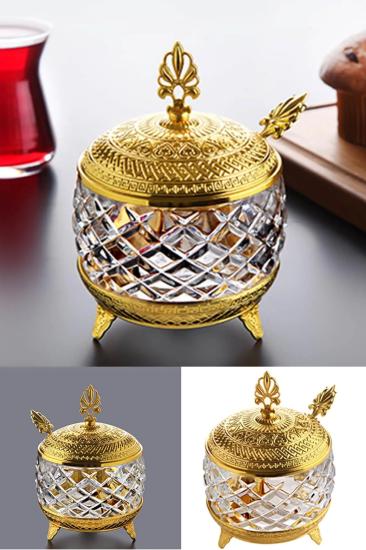 Lüks Otantik Osmanlı Motifli Kaşıklı Cam Şekerlik Gold Renk