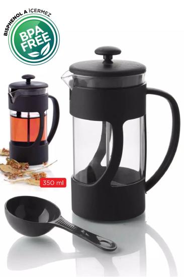 Mat Siyah Plastik Kaşıklı French Press Seti 350 ml
