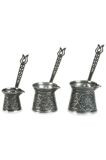 Osmanlı Motifli İndüksiyon Tabanlı Zamak Cezve Takımı Eskitme