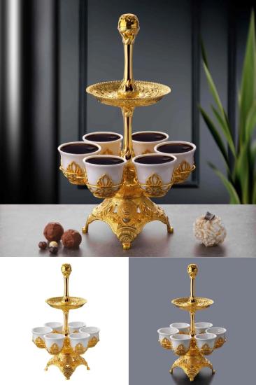 Otantik Lüks 6 Kişilik 2 Katlı Mırra Kahvesi Sunum Standı Gold
