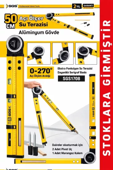 SGS 50cm Açı Ölçer Su Terazisi Çok Amaçlı Pergel