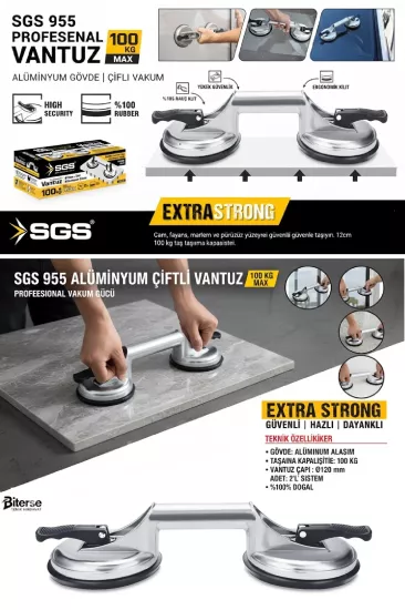 SGS 955 Alüminyum Çiftli Vantuz 100kg Taşıyıcı