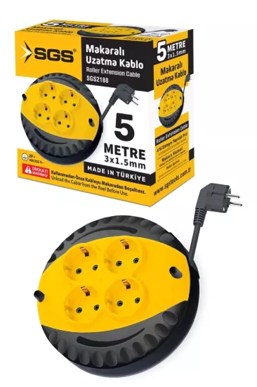 SGS2188 Mini Uzatma Kablo 5 Metre Makaralı 4 Prizli Topraklamalı Grup Priz